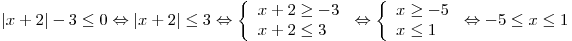 |x + 2| - 3 \le 0 \Leftrightarrow |x + 2| \le 3 \Leftrightarrow \left\{ \begin{array}{l} x + 2 \ge - 3 \\ x + 2 \le 3 \\\end{array} \right. \Leftrightarrow \left\{ \begin{array}{l} x \ge - 5 \\ x \le 1 \\ \end{array} \right. \Leftrightarrow - 5 \le x \le 1