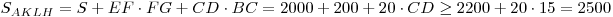S_{AKLH} = S + EF \cdot FG + CD \cdot BC = 2000 + 200 + 20 \cdot CD \ge 2200 + 20 \cdot 15 = 2500