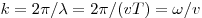 k = 2\pi /\lambda 
= 2\pi /(vT) = \omega /v