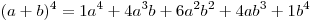 (a + b)^4  = 1a^4  + 4a^3 b + 6a^2 b^2  + 4ab^3  + 1b^4