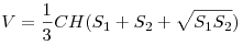 V = \frac{1}{3}CH(S_1  + S_2  + \sqrt {S_1 S_2 })