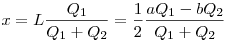  x = L \frac{Q_1}{Q_1 + Q_2} = \frac{1}{2} \frac 
{aQ_1 - b Q_2}{Q_1 + Q_2}