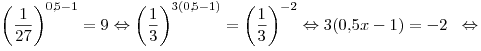\left( {\frac{1}{{27}}} \right)^{0,\!5 - 1}  = 9 \Leftrightarrow
\left( {\frac{1}{3}} \right)^{3(0,\!5 - 1)}  = \left( {\frac{1}{3}}
\right)^{ - 2}  \Leftrightarrow 3(0,\!5x - 1) =  - 2\;\; \Leftrightarrow
