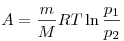 A =
\frac{m}{M}RT\ln \frac{{p_1 }}{{p_2 }}
