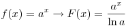 
f(x) = a^x  \to F(x) = \frac{{a^x }}{{\ln a}}

