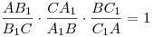 \frac{{AB_{1} }}{{B_{1} C}} \cdot \frac{{CA_{1}
}}{{A_{1} B}} \cdot \frac{{BC_{1} }}{{C_{1} A}} = 1