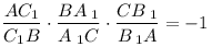 \frac{{AC_1 }}{{C_1 B}} \cdot \frac{{BA_{\;1}}}{{A_{\;1} C}} \cdot \frac{{CB_{\;1} }}{{B_{\;1} A}} =  - 1