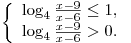 \left\{ \begin{array}{l} \log _4 \frac{{x - 9}}{{x - 6}} \le 1, \\\log _4 \frac{{x - 9}}{{x - 6}} > 0. \\\end{array} \right. \left\{ \begin{array}{l} \log _4 \frac{{x - 9}}{{x - 6}} \le 1, \\\log _4 \frac{{x - 9}}{{x - 6}} > 0. \\\end{array} \right.