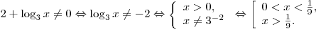 2 + \log _3 x \ne 0 \Leftrightarrow \log _3 x \ne  - 2 \Leftrightarrow \left\{ \begin{array}{l} x > 0, \\ x \ne 3^{ - 2} \\\end{array} \right. \Leftrightarrow \left[ \begin{array}{l} 0 < x < \frac{1}{9}, \\ x > \frac{1}{9}. \\\end{array} \right.