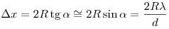 \Delta x = 2R \mathop \tg \alpha \cong 2R\sin \alpha = \frac{2R\lambda}{d}