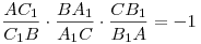 \frac{{AC_1 }}{{C_1 B}} \cdot \frac{{BA_{1}}}{{A_{1} C}} \cdot \frac{{CB_{1} }}{{B_{1} A}} =  - 1