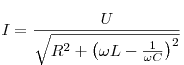 I = \frac{U}{\sqrt{R^2 + \left( {\omega L - \frac{1}{\omega C}} \right)^2}}