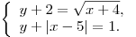\left\{ \begin{array}{l}
y + 2 = \sqrt {x + 4} , \\
y + |x - 5| = 1. \\
\end{array} \right.