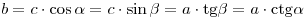 b = c \cdot \cos \alpha  = c \cdot \sin \beta  = a \cdot
{\rm{tg}}\beta  = a \cdot {\rm{ctg}}\alpha 